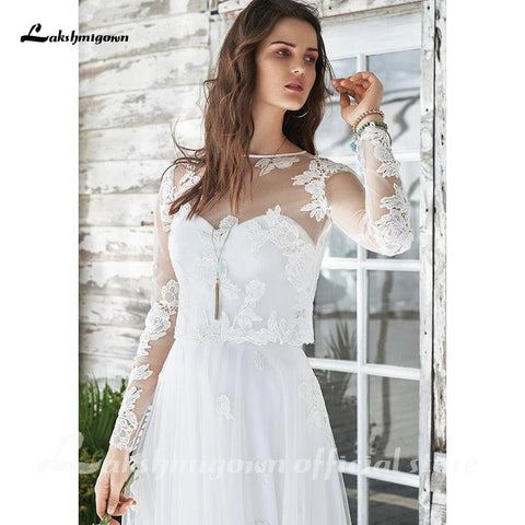 NumberSea Weißes Hochzeitskleid Boho Zweiteilig Sexy 2021 Brautkleid Ärmellos Bodenlang Mit Hofschleppe Spitzenapplikationen Elegant