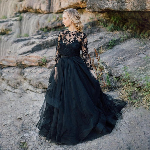 NumberSea Scoop Lange Ärmel A-linie Outdoor Schwarz Hochzeit Kleid mit Abnehmbare Spitze Jacke Braut Kleid vestido de novia corto