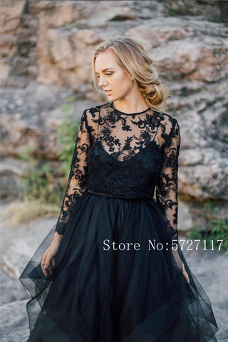 NumberSea Scoop Lange Ärmel A-linie Outdoor Schwarz Hochzeit Kleid mit Abnehmbare Spitze Jacke Braut Kleid vestido de novia corto