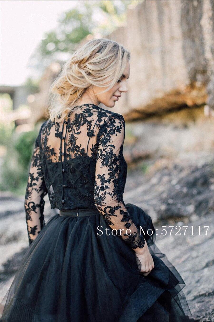 NumberSea Scoop Long Sleeves A-line Outdoor Black Wedding Dress with Removable Lace Jacket Bridal Dress vestido de novia corto