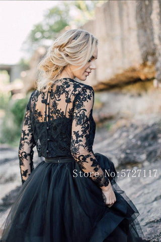 NumberSea Scoop Lange Ärmel A-linie Outdoor Schwarz Hochzeit Kleid mit Abnehmbare Spitze Jacke Braut Kleid vestido de novia corto