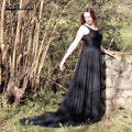NumberSea Abito da Sposa Boho Semplice Nero con Scollo a Barchetta e Pizzo Nero, Vestito da Sposa Gotico per Halloween, Fuga Romantica o Matrimonio Goth all'Aperto