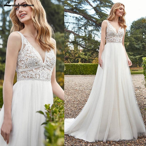NumberSea Stilvolle Bohemian Elfenbein Spitze Hochzeit Kleider 2021 robe de mariage Sexy EINE Linie V-AUSSCHNITT Frauen Braut Kleider Robe Longue lakshmigown