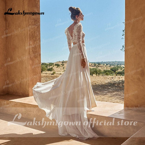 NumberSea Zweiteilige Brautkleider 2022 Zivil Boho Brautkleider Spitzenoberteil Lange Ärmel Vorne Split Kleid Prinzessin Weiß Lakshmigown
