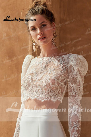 NumberSea Zweiteilige Brautkleider 2022 Zivil Boho Brautkleider Spitzenoberteil Lange Ärmel Vorne Split Kleid Prinzessin Weiß Lakshmigown