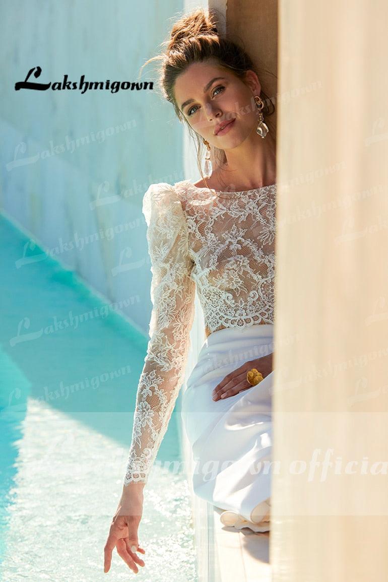 NumberSea Two pieces Wedding Dresses 2022 Civil Boho Wedding Gowns Lace Top Long Sleeves Front Split dress princess white Lakshmigown
