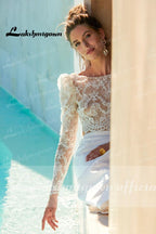 NumberSea Two pieces Wedding Dresses 2022 Civil Boho Wedding Gowns Lace Top Long Sleeves Front Split dress princess white Lakshmigown