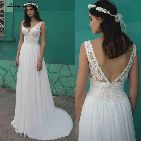 NumberSea Sommer Strand A-Linie Brautkleider Boho Spitze V-Ausschnitt Rückenfrei Tüll Brautkleid Abito Da Sposa Vestido De Novia