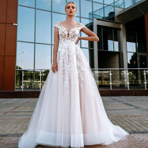 NumberSea Kurzarm Rosa Brautkleider Boho O Neck Applique Spitze Brautkleider 2021 Tüll Vestido de Noiva Zurück Taste Brautkleid