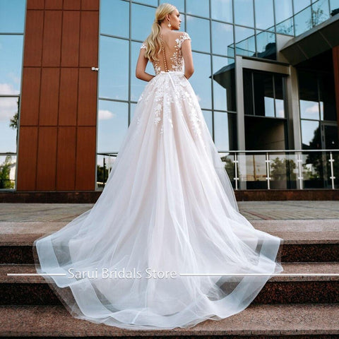 NumberSea Kurzarm Rosa Brautkleider Boho O Neck Applique Spitze Brautkleider 2021 Tüll Vestido de Noiva Zurück Taste Brautkleid