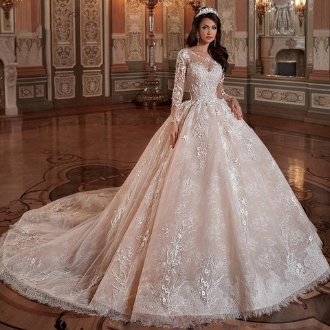 NumberSea Vestidos de noiva manga comprida princesa Vestido de baile de renda Vestidos de noiva Apliques de flores Contas Cauda capela Vestidos de noiva vintage