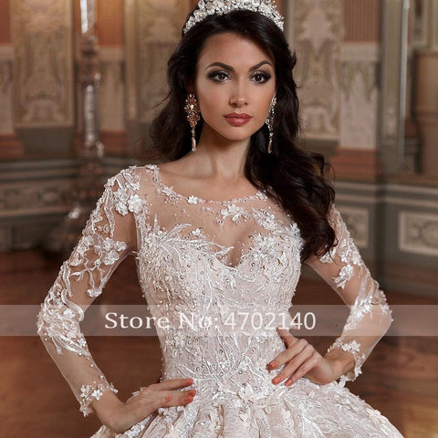 NumberSea Vestidos de noiva manga comprida princesa Vestido de baile de renda Vestidos de noiva Apliques de flores Contas Cauda capela Vestidos de noiva vintage