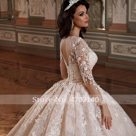 NumberSea Vestidos de noiva manga comprida princesa Vestido de baile de renda Vestidos de noiva Apliques de flores Contas Cauda capela Vestidos de noiva vintage
