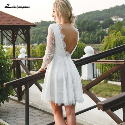 NumberSea Sexy rückenfreies kurzes Strand-Brautkleid, A-Linie, volle Spitze, durchsichtig, lange Ärmel, Sommer, Bohemian-Boho-Brautkleider
