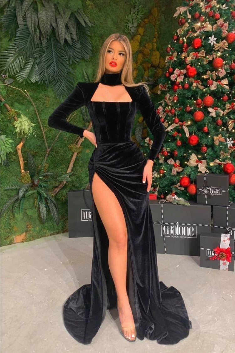 Black Velvet Long Sleeves High Neck Mermaid Evening Dress with High Slit