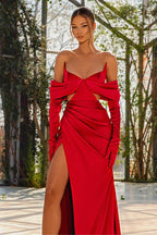 Red Off-the-Shoulder Long Mermaid Satin Front Slit Evening Dresses with Pleated Gloves