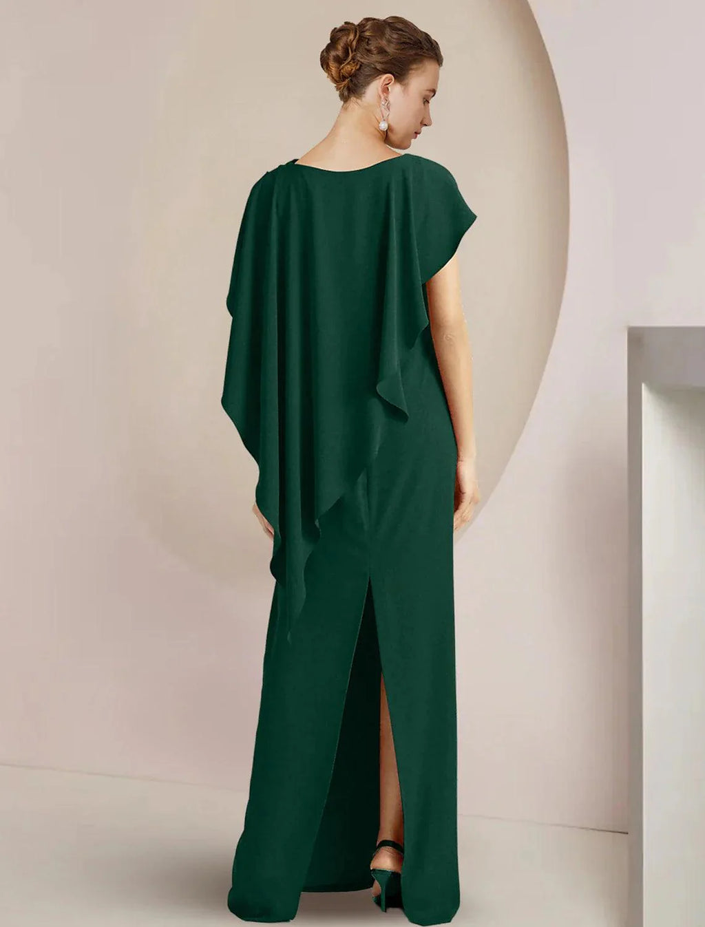 Vestido de mãe da noiva com bainha/coluna, para convidada de casamento formal, elegante, decote redondo, comprimento até ao chão, tecido elástico, sem mangas, com abertura frontal