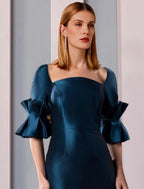 Vestido de mãe da noiva com bainha/coluna, formal, para festa de casamento, elegante, decote quadrado, comprimento até ao chão, cetim, meia manga com franzido