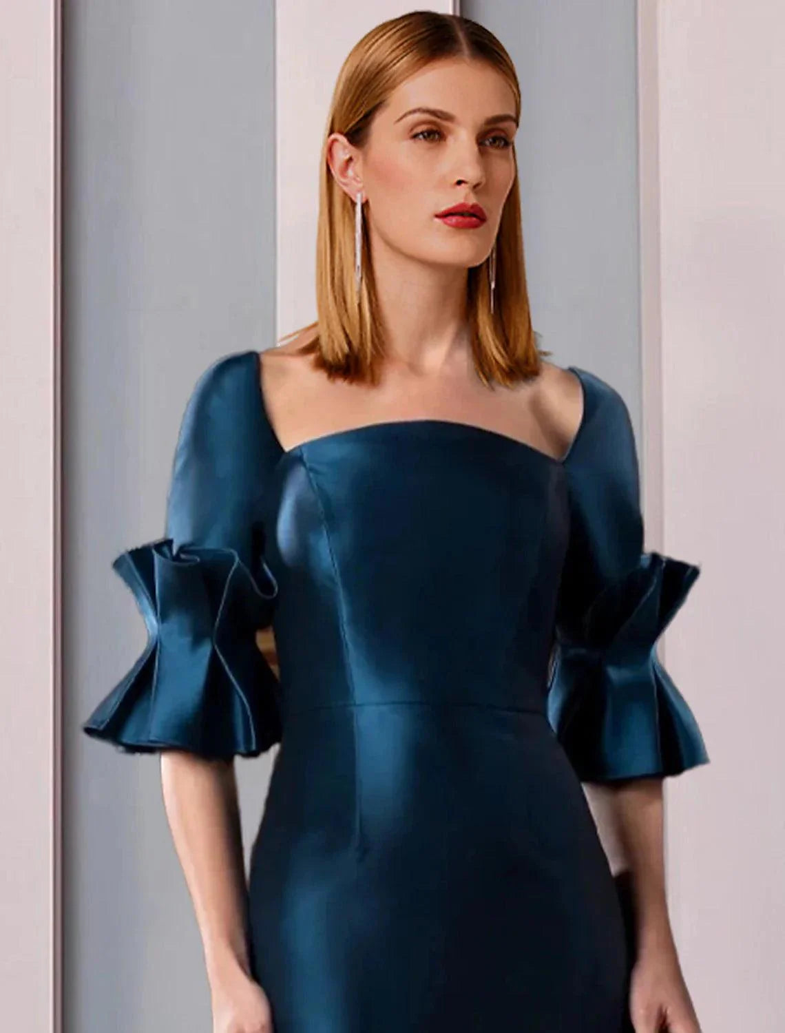 Vestido de mãe da noiva com bainha/coluna, formal, para festa de casamento, elegante, decote quadrado, comprimento até ao chão, cetim, meia manga com franzido