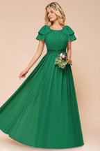 Puff Sleeve Floor Length Bridesmaid Dress A-line Wedding Guest Dress