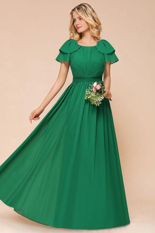 Bodenlanges Brautjungfernkleid mit Puffärmeln, A-Linie, Hochzeitsgastkleid