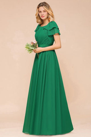 Bodenlanges Brautjungfernkleid mit Puffärmeln, A-Linie, Hochzeitsgastkleid