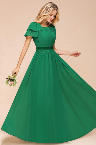 Bodenlanges Brautjungfernkleid mit Puffärmeln, A-Linie, Hochzeitsgastkleid