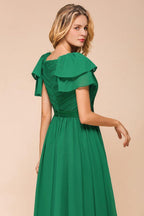 Puff Sleeve Floor Length Bridesmaid Dress A-line Wedding Guest Dress