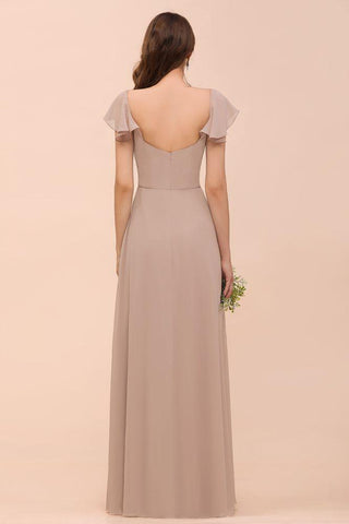 Khaki Brautjungfernkleid mit Puffärmeln, seitlich geschlitzt, Kleid für die Trauzeugin