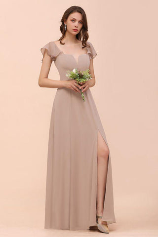 Khaki Brautjungfernkleid mit Puffärmeln, seitlich geschlitzt, Kleid für die Trauzeugin