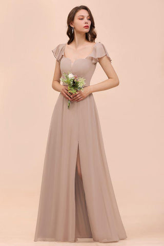 Khaki Brautjungfernkleid mit Puffärmeln, seitlich geschlitzt, Kleid für die Trauzeugin
