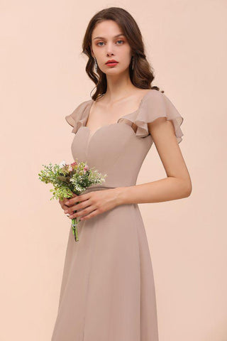 Khaki Brautjungfernkleid mit Puffärmeln, seitlich geschlitzt, Kleid für die Trauzeugin