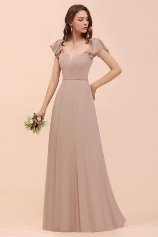 Khaki Brautjungfernkleid mit Puffärmeln, seitlich geschlitzt, Kleid für die Trauzeugin