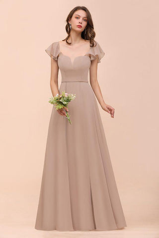 Khaki Brautjungfernkleid mit Puffärmeln, seitlich geschlitzt, Kleid für die Trauzeugin