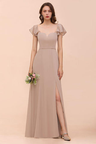 Khaki Brautjungfernkleid mit Puffärmeln, seitlich geschlitzt, Kleid für die Trauzeugin