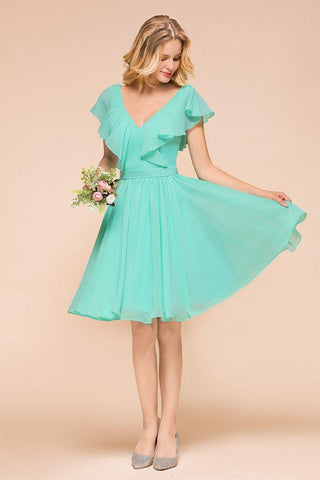 Puffy Knielanges Brautjungfernkleid Chiffon V-Ausschnitt Lässiges Kurzes Kleid