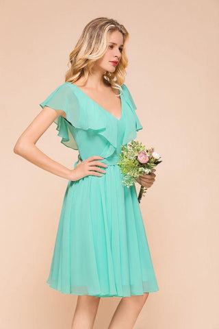Puffy Knielanges Brautjungfernkleid Chiffon V-Ausschnitt Lässiges Kurzes Kleid