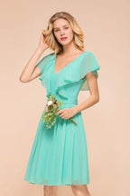 Vestido de dama de honor, bufante, até ao joelho, em chiffon, com decote em V, casual, curto