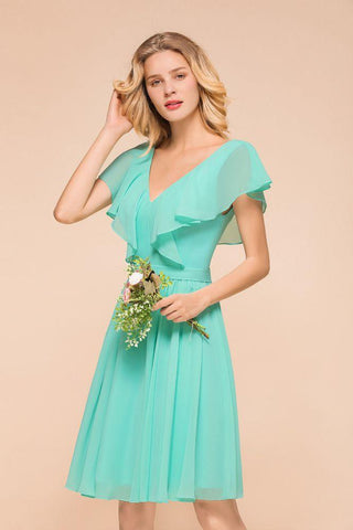 Puffy Knielanges Brautjungfernkleid Chiffon V-Ausschnitt Lässiges Kurzes Kleid