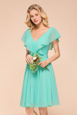 Puffy Knielanges Brautjungfernkleid Chiffon V-Ausschnitt Lässiges Kurzes Kleid