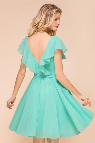 Puffy Knielanges Brautjungfernkleid Chiffon V-Ausschnitt Lässiges Kurzes Kleid