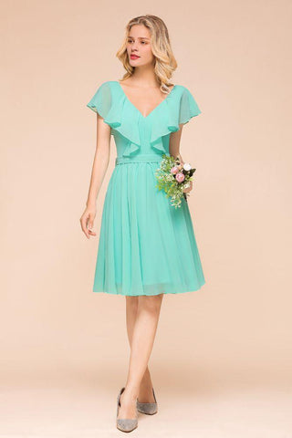 Puffy Knielanges Brautjungfernkleid Chiffon V-Ausschnitt Lässiges Kurzes Kleid