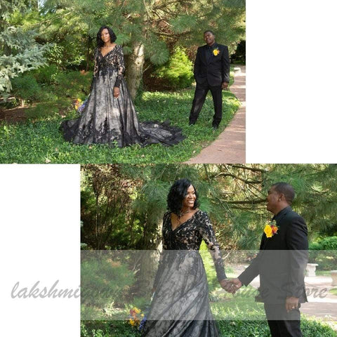 NumberSea Puffy Plus Size Schwarzes Brautkleid mit langen Ärmeln