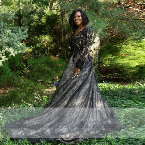 NumberSea Puffy Plus Size Schwarzes Brautkleid mit langen Ärmeln