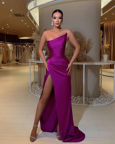 Long One Shoulder Asymmetric Strapless Mermaid Evening Dress with Slit