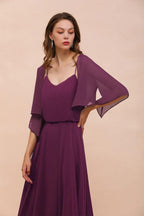 Purple Bridesmaid Dress with Wraps Spaghetti Straps Floor Length Casual Dress