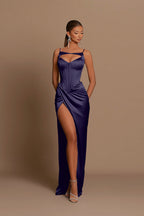 Long Mermaid Spaghetti Straps Satin Evening Dress with Slit