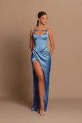 Vestido de Noche de Sirena Largo con Tiras Finas de Satén y Abertura
