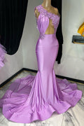 Vestidos de Fiesta de Sirena en Satin Largo de un Hombro sin Mangas Color Púrpura