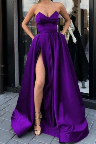 A-line Sweetheart Long Satin Front Slit Prom Dress with Pockets